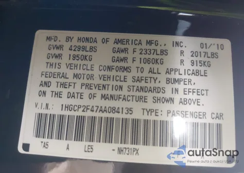 2010 Honda Accord 2.4 Lx-P из США, поврежденный, VIN 1HGCP2F47AA084135